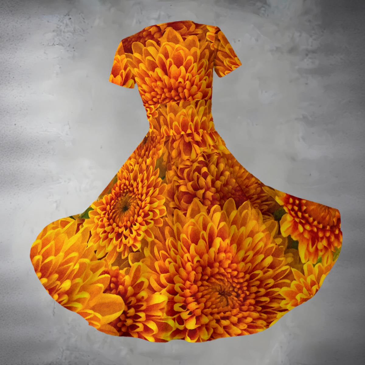 “Orange Chrysanthemum” Women's Short Sleeve V Neck Midi Dress