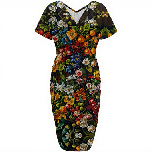 “Midnight Garden” Women's V-neck pleated dress