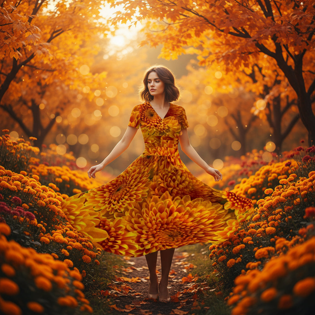 “Orange Chrysanthemum” Women's Short Sleeve V Neck Midi Dress