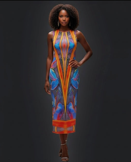 “Electric Bloom” Women's Chiffon Sleeveless Dress