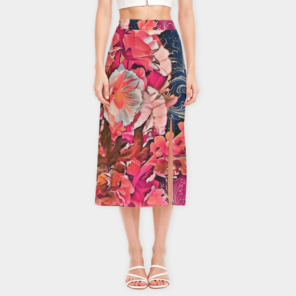 “Celestial Bloom” Women's High-Waisted Slit Midi Skirt