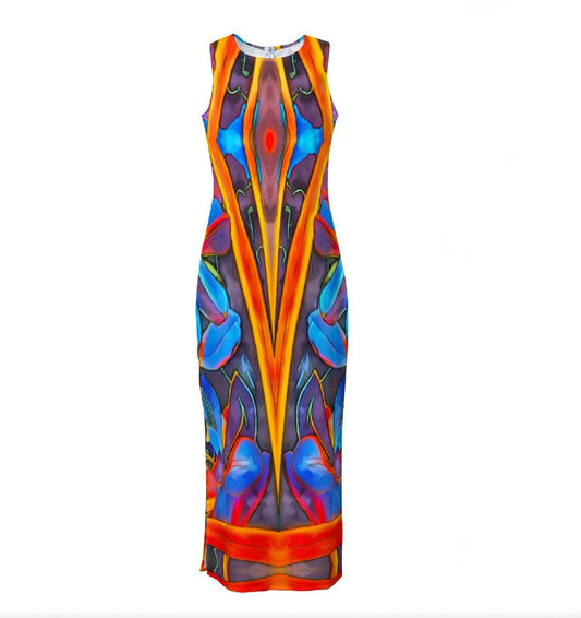 “Electric Bloom” Women's Beach Perspective Chiffon Sleeveless Dress