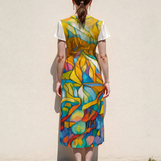 “Sunrise Stained Glass” V-Neck Flutter Sleeve Midi Dress