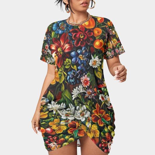 āMidnight Gardenā Womenās Stacked Hem Dress With Short Sleeveļ¼Plus Sizeļ¼