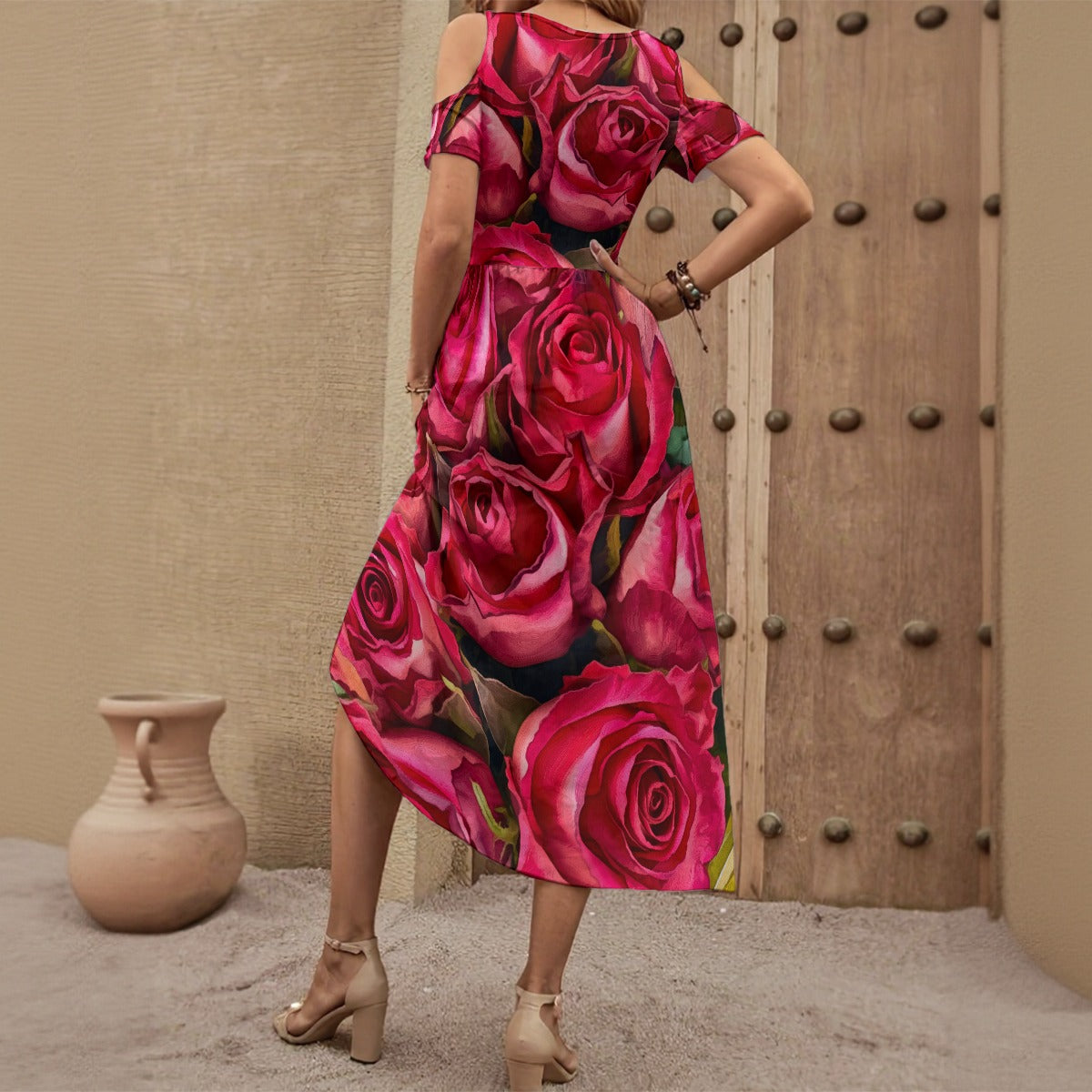 “Rose Red” Women's V-neck Off-shoulder Dress