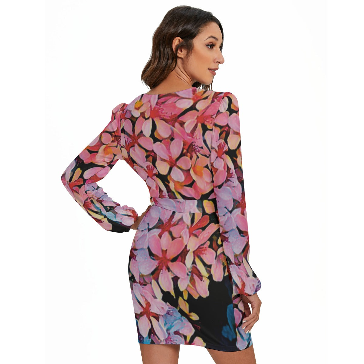 “Pink India Hawthorn” Women's Long Sleeve Dress With Waist Belt