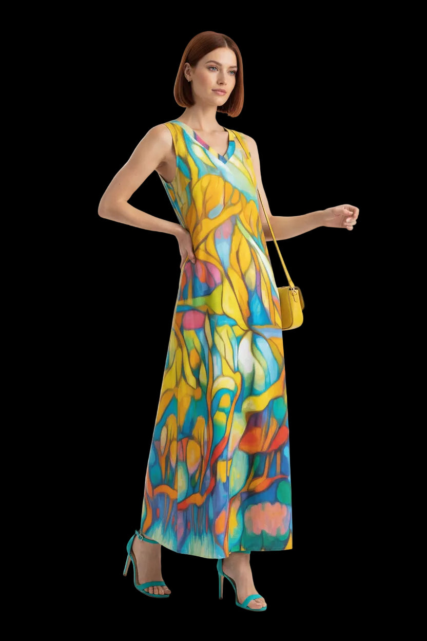 “Sunrise Stained Glass” V-Neck Long Dress