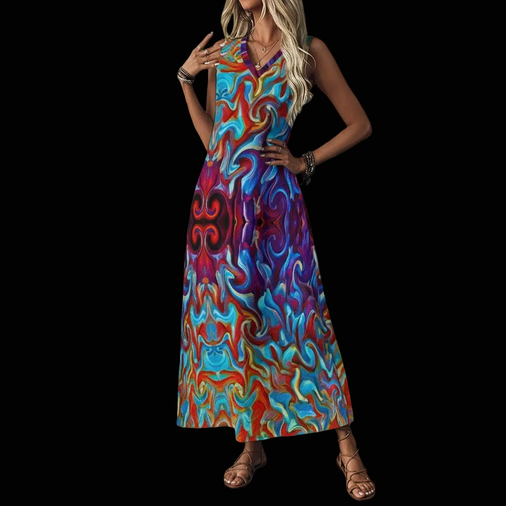 “Aurora Flare” Women's V-Neck Long Dress