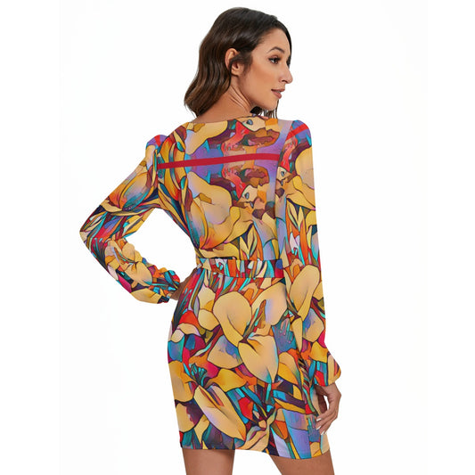 “Fragmented Bloom” Women's Long Sleeve Dress With Waist Belt