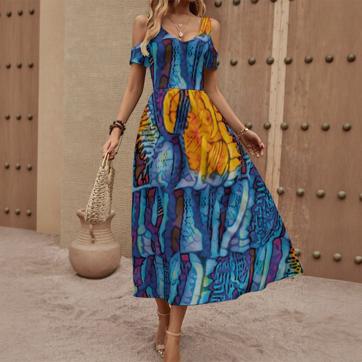 “Oceanic” Women's V-neck Off-shoulder Dress