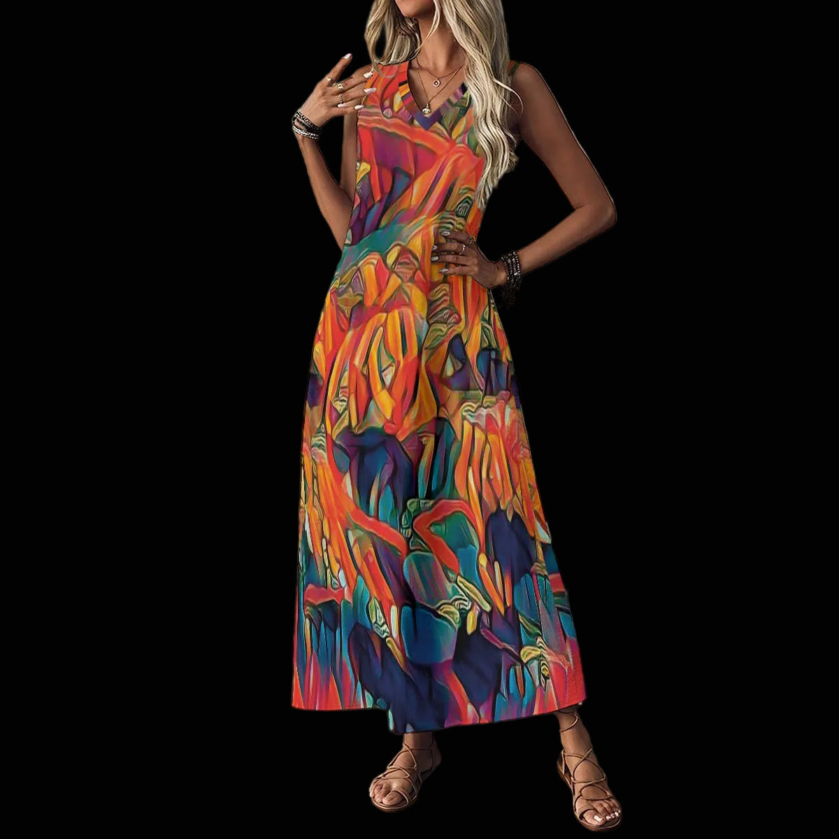 “Chromatic Fusion Dress” V-Neck Long Dress