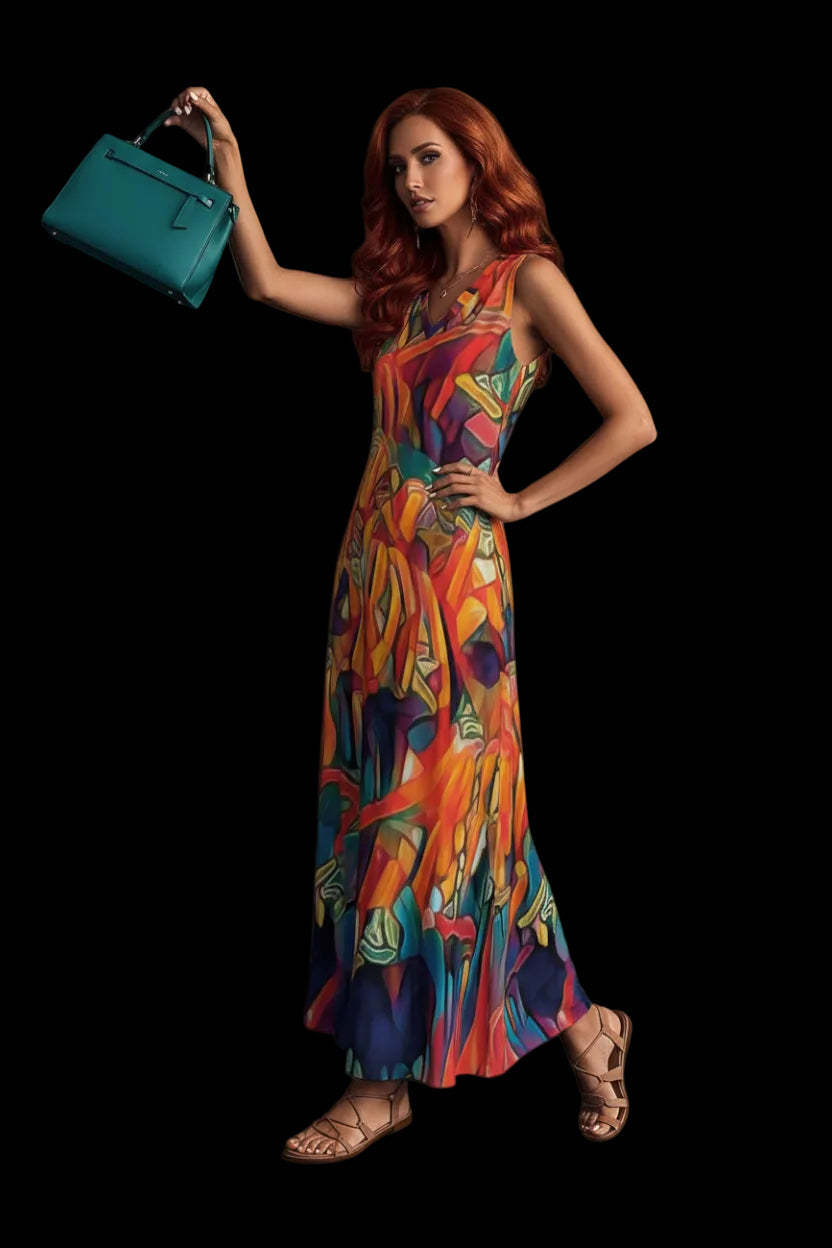 “Chromatic Fusion Dress” V-Neck Long Dress