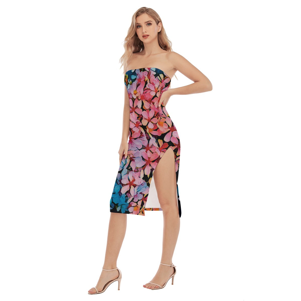 “Pink India Hawthorn” Women's Side Split Tube Top Dress