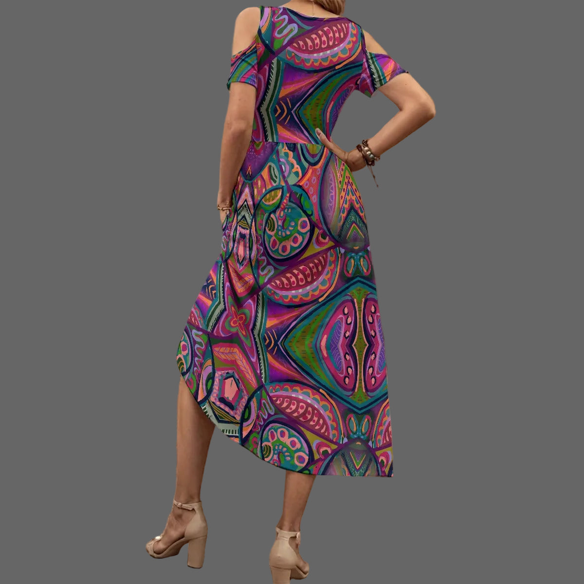 “Colour Burst” Women's V-neck Off-shoulder Dress