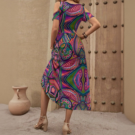 “Colour Burst” Women's V-neck Off-shoulder Dress