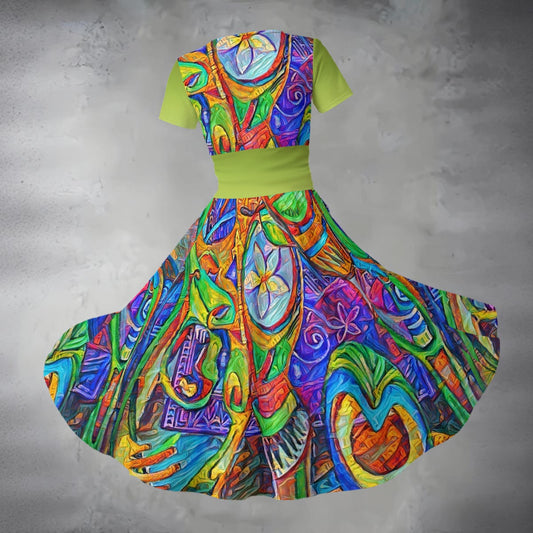 “Tropical Kaleidoscope” Short Sleeve V Neck Midi Dress