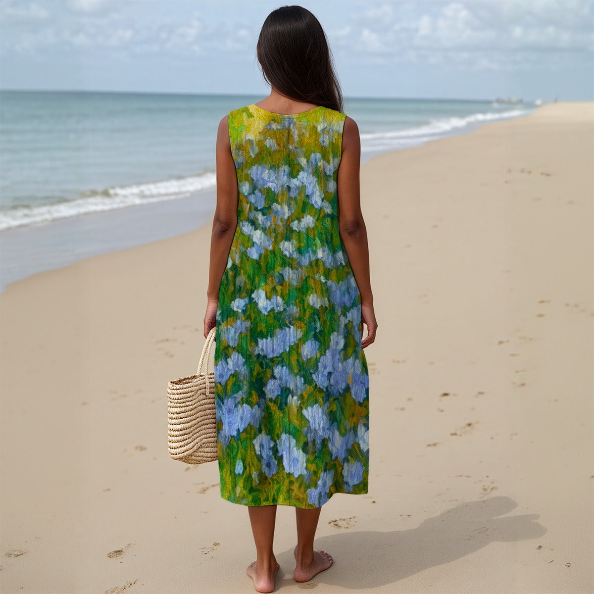 “Dreamscape Garden” Women's Sleeveless Dress With Pocket|125GSM Slub Cotton