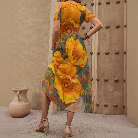 āGolden Cascadeā Women's V-neck Off-shoulder Dress