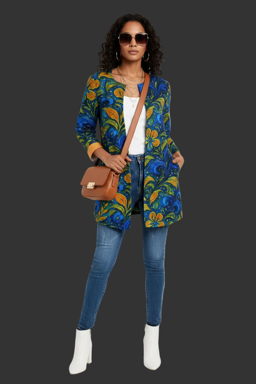 “Starry Night Blooms” Women's Faux Sweater Cardigan