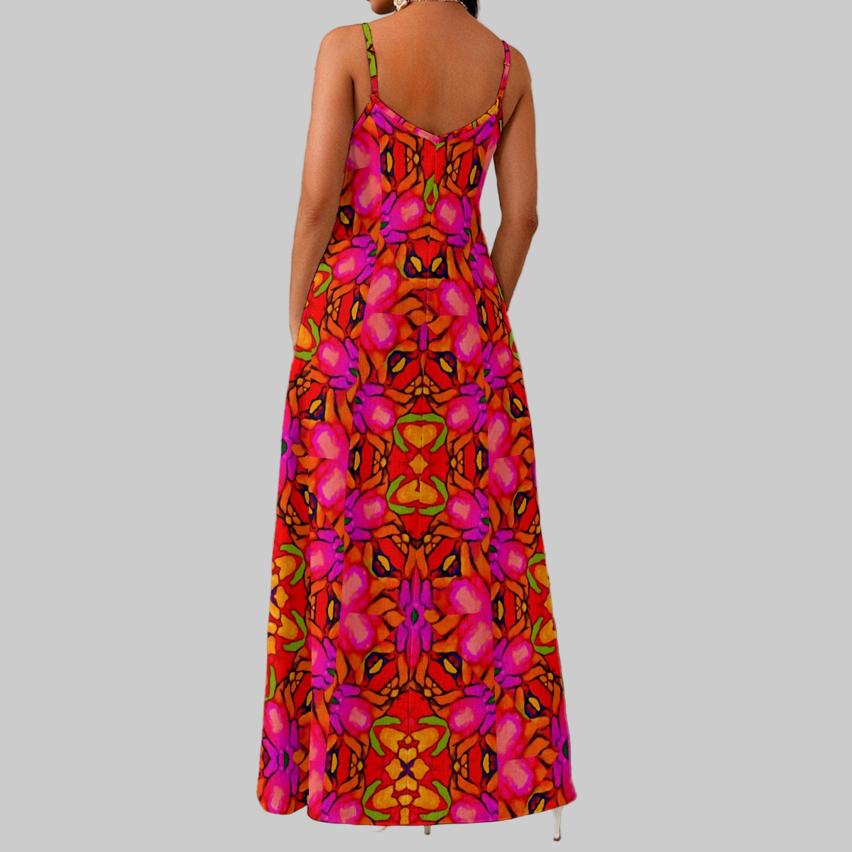 “Prismatic Petals” Women's Elegant V-Neck Maxi Dress