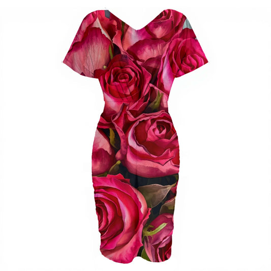 “Rose Red” Women's V-neck pleated dress