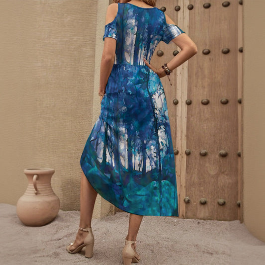 “Blue Forest” Women's V-neck Off-shoulder Dress