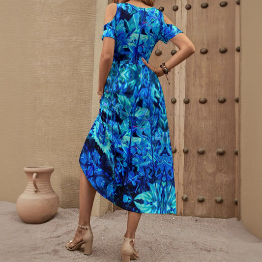 “Electric Blue” Women's V-neck Off-shoulder Dress