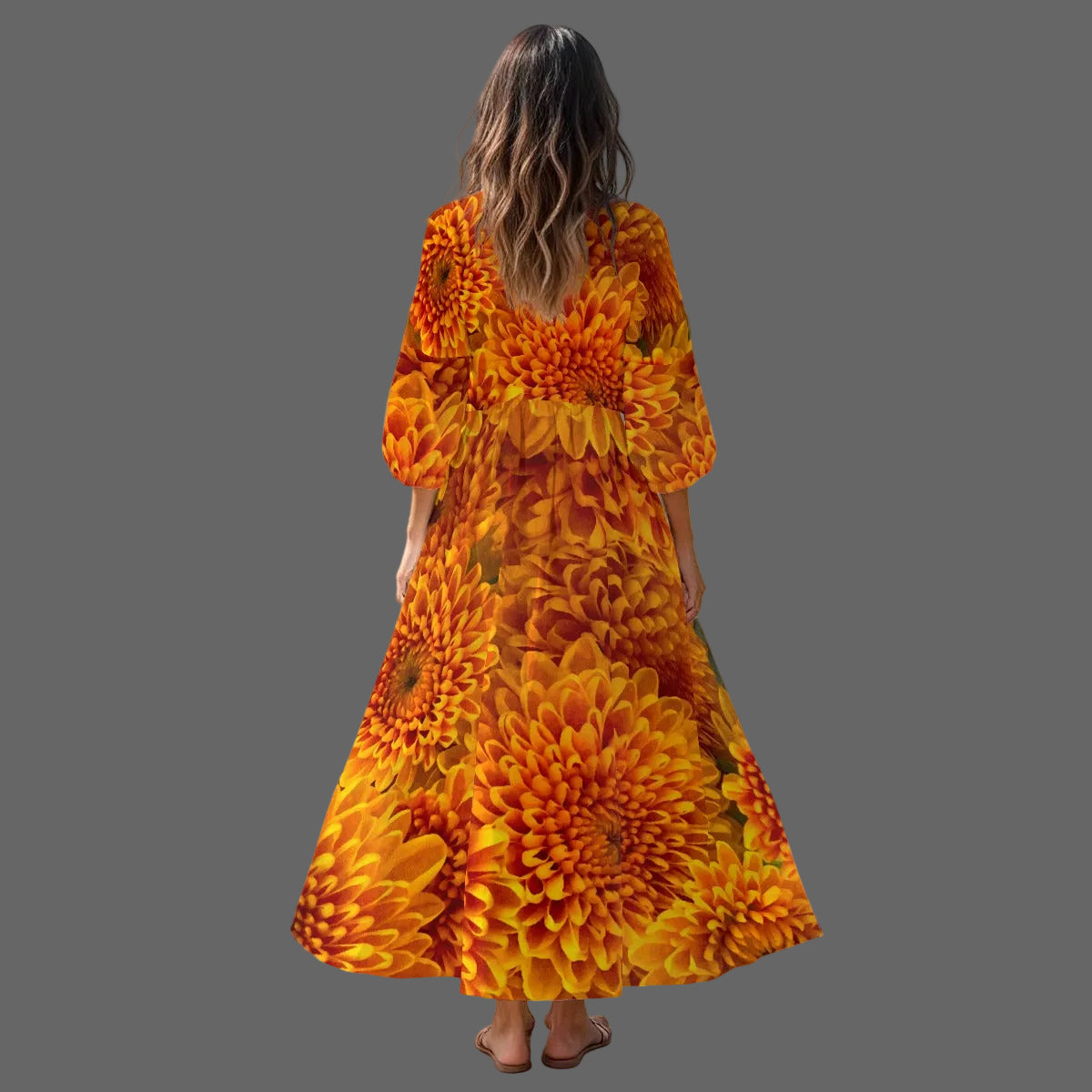 “Orange Chrysanthemum” Women's Long Sleeve Dress