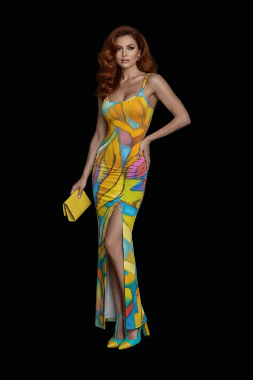 “Sunrise Stained Glass” Long Dress with Slit
