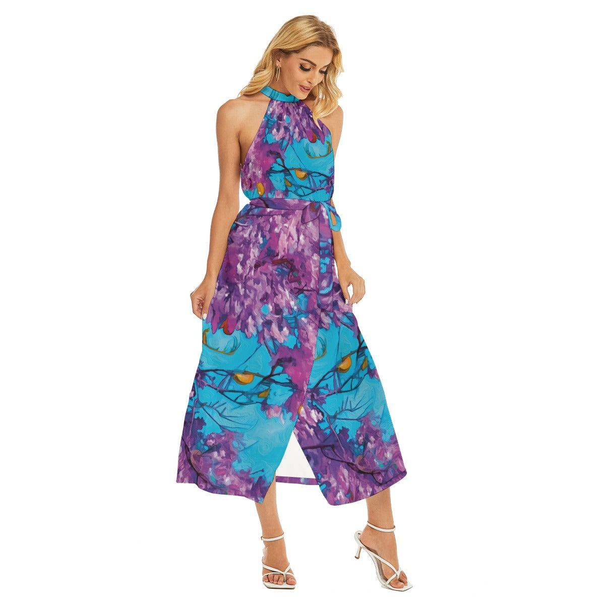 “Jacaranda Season” (Cobalt) Women's Wrap Hem Belted Halter Dress