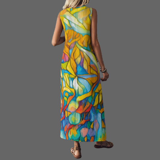 “Sunrise Stained Glass” V-Neck Long Dress