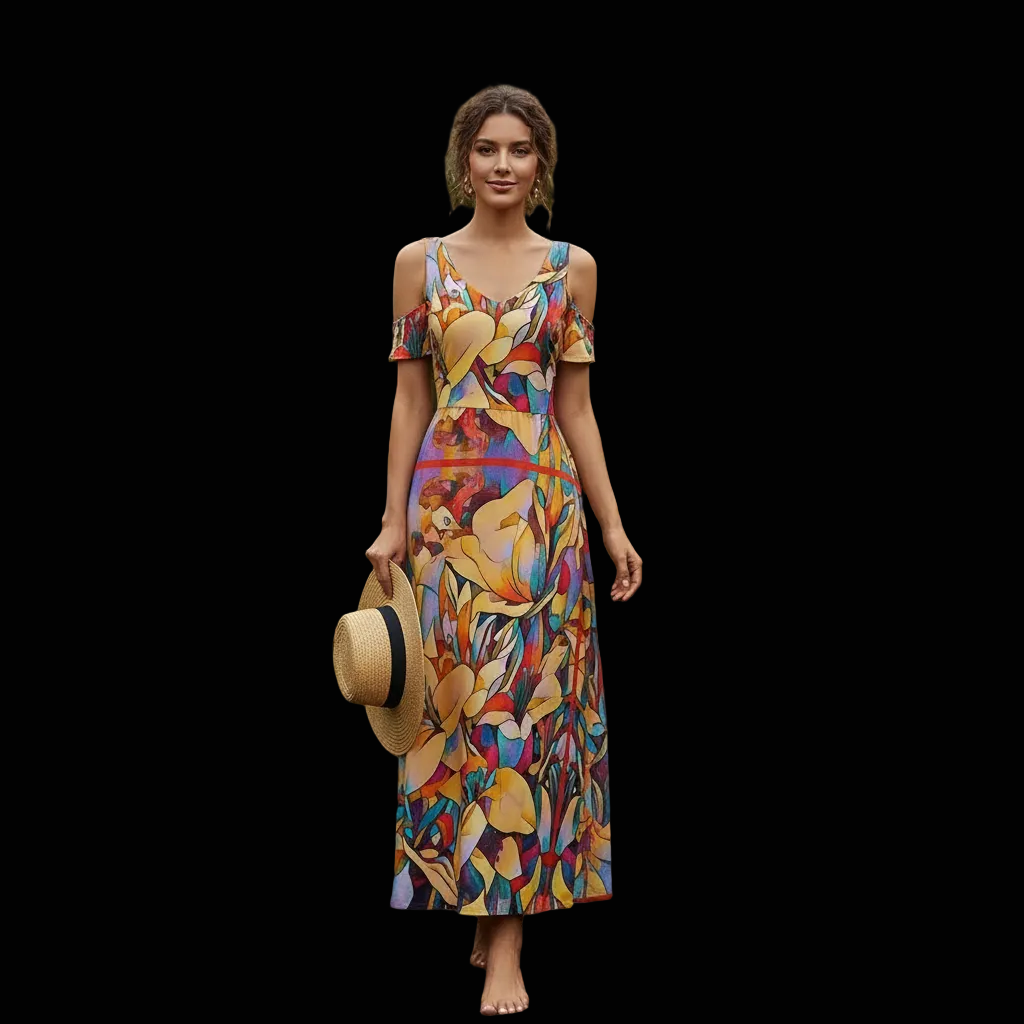 “Fragmented Bloom” Women's V-neck Off-shoulder Dress