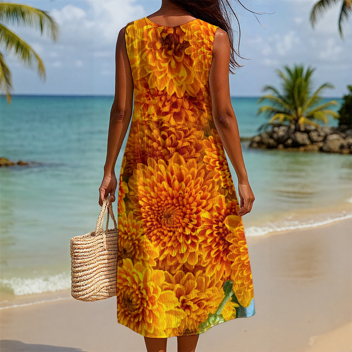 “Orange Chrysanthemum” Women's Sleeveless Dress