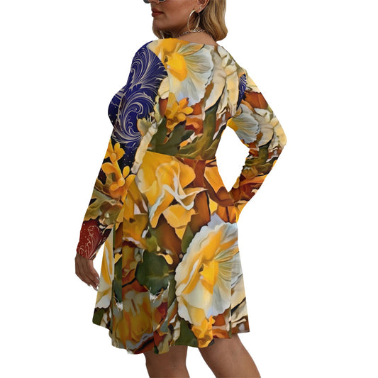 “Solara” Women's V-neck Long Sleeve Dress(Plus Size)