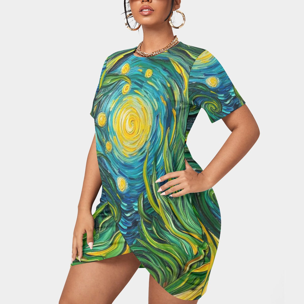 “Vincent Through the Seagrass” Women’s Stacked Hem Dress With Short Sleeve(Plus Size)