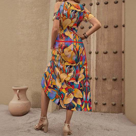 “Fragmented Bloom” Women's V-neck Off-shoulder Dress