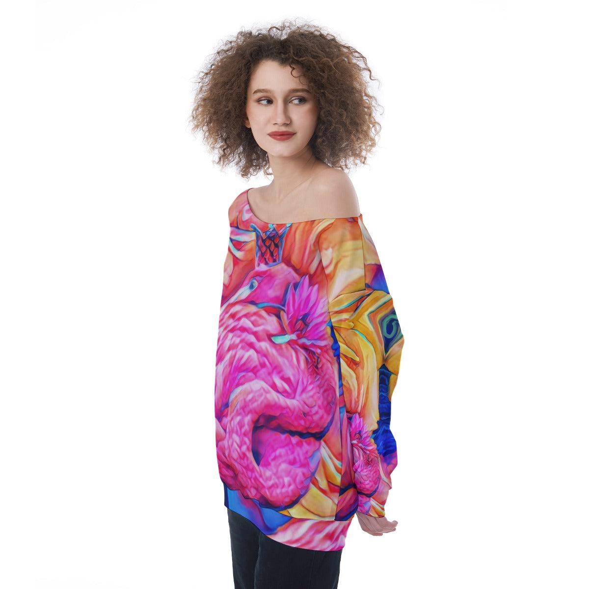 “Psychedelic Flamingo” Oversized Women's Off-Shoulder Sweatshirt