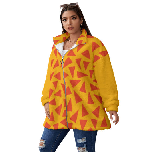 “Tangerine Tease” Unisex Borg Fleece Stand-up Collar Coat With Zipper Closure(Plus Size)