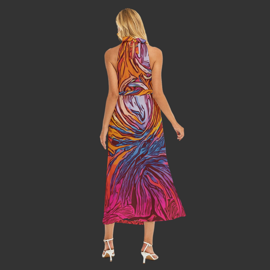 “Cyclonic” Women's Wrap Hem Belted Halter Dress