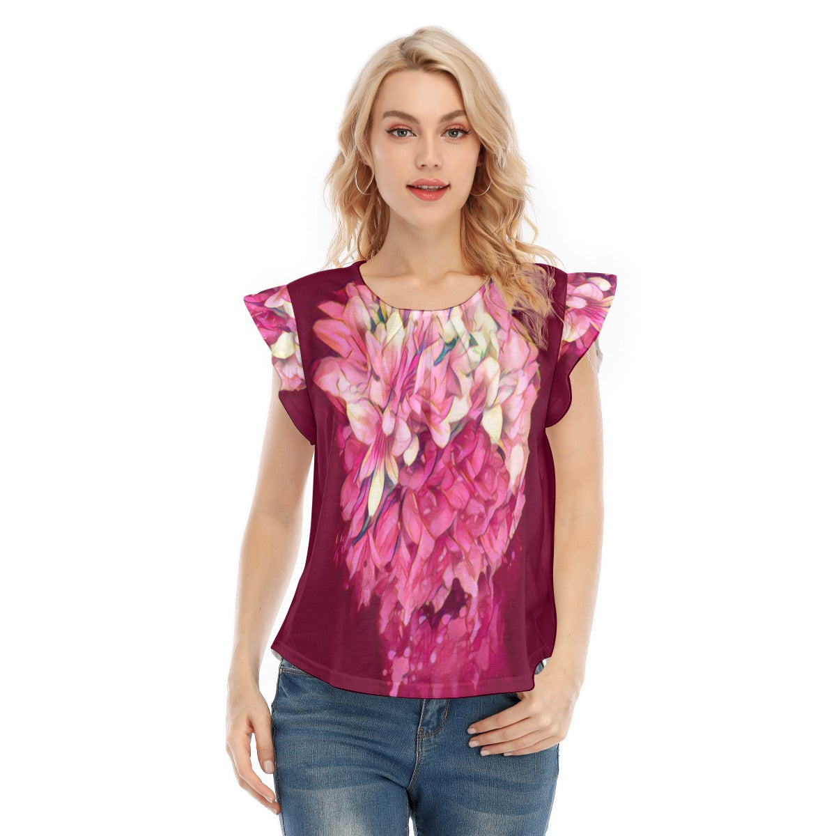 “Hydrangea” Women's O-neck T-shirt With Ruffle Sleeves
