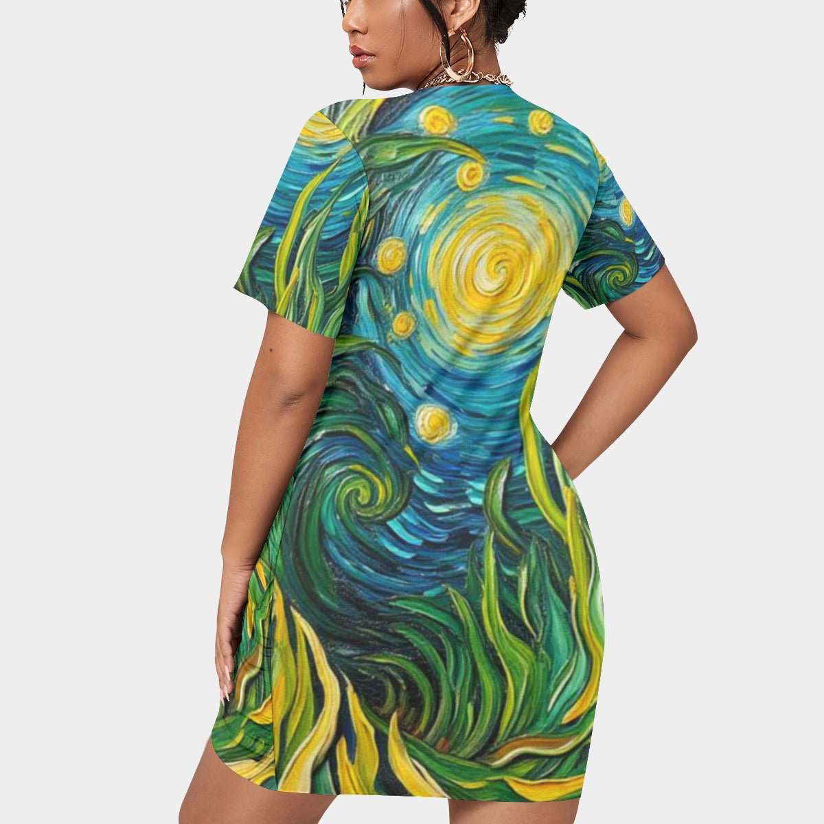 “Vincent Through the Seagrass” Women’s Stacked Hem Dress With Short Sleeve(Plus Size)