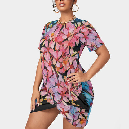 “Pink India Hawthorn” Women’s Stacked Hem Dress With Short Sleeve（Plus Size）