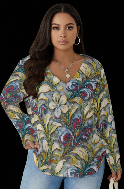 “Whispers of Spring” Women's V-neck T-shirt With Curved Hem(Plus Size)
