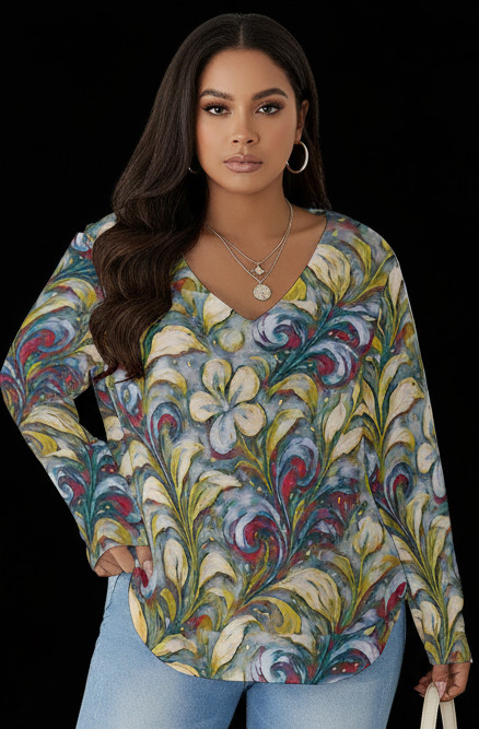 “Whispers of Spring” Women's V-neck T-shirt With Curved Hem(Plus Size)