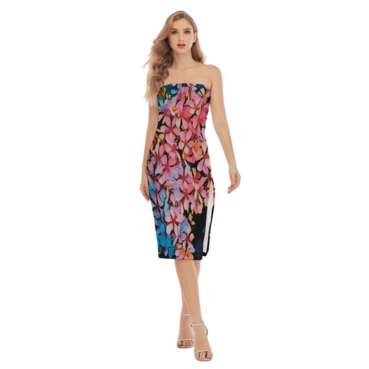 “Pink India Hawthorn” Women's Side Split Tube Top Dress
