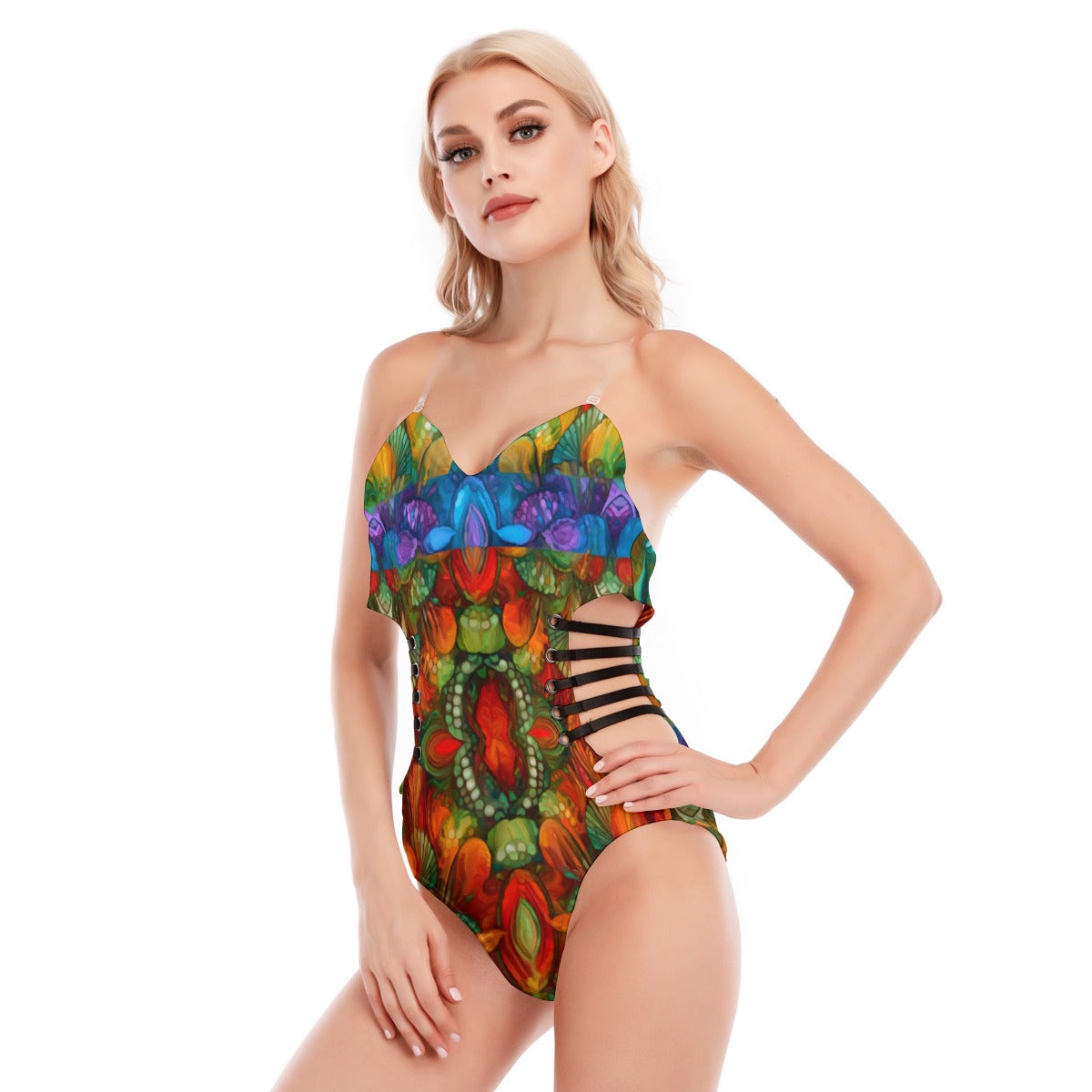 “Kaleidoscopic Spectrum” Women's Tube Top Bodysuit With Side Black Straps