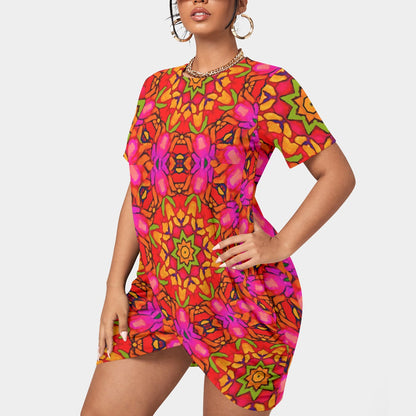 “Prismatic Petals” Women’s Stacked Hem Dress With Short Sleeve（Plus Size）