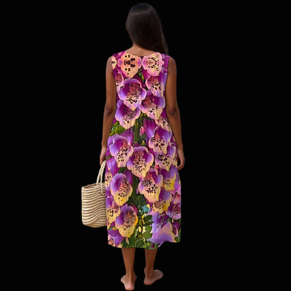 “Foxglove Cascade“ Women's Sleeveless Dress With Pocket|125GSM Slub Cotton