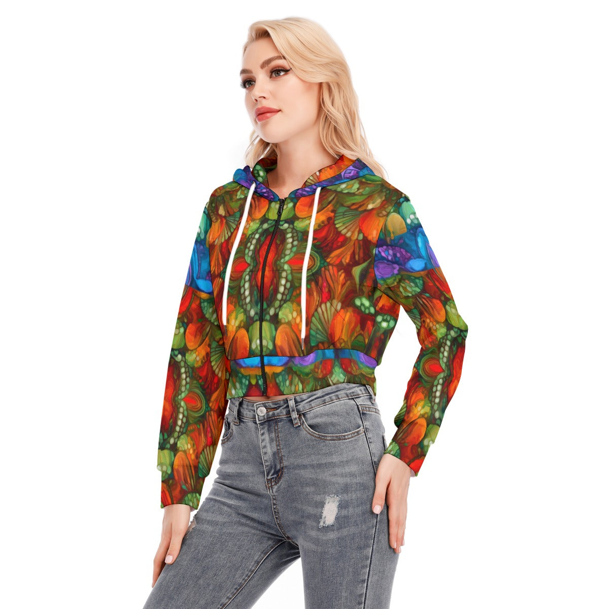 “Kaleidoscopic Spectrum” Women's Crop Top Hoodie With Zipper Closure