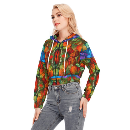 “Kaleidoscopic Spectrum” Women's Crop Top Hoodie With Zipper Closure